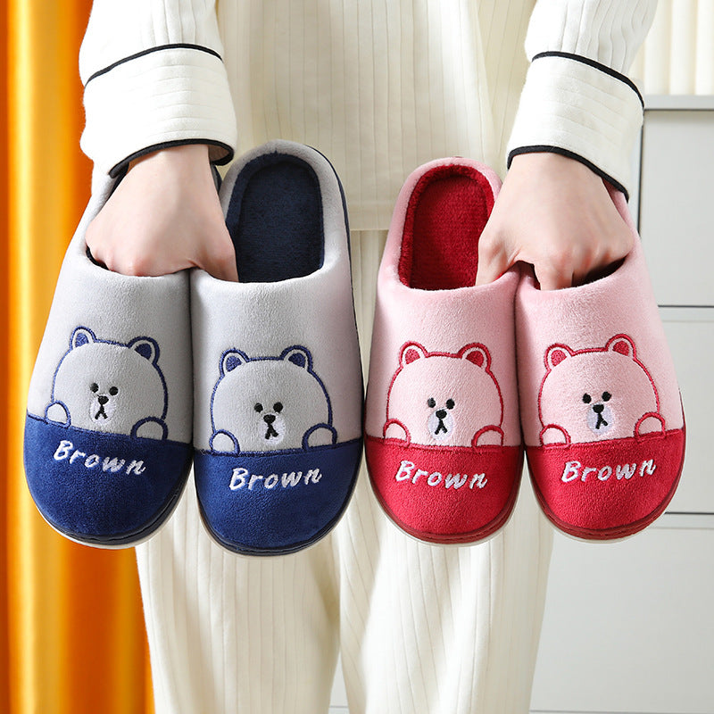 Cute Bears Slippers Warm Winter House Shoes For Women Couple Indoor Floor Bedroom Solid Color Non-slip Soft Plush Slippers - Fashioinista