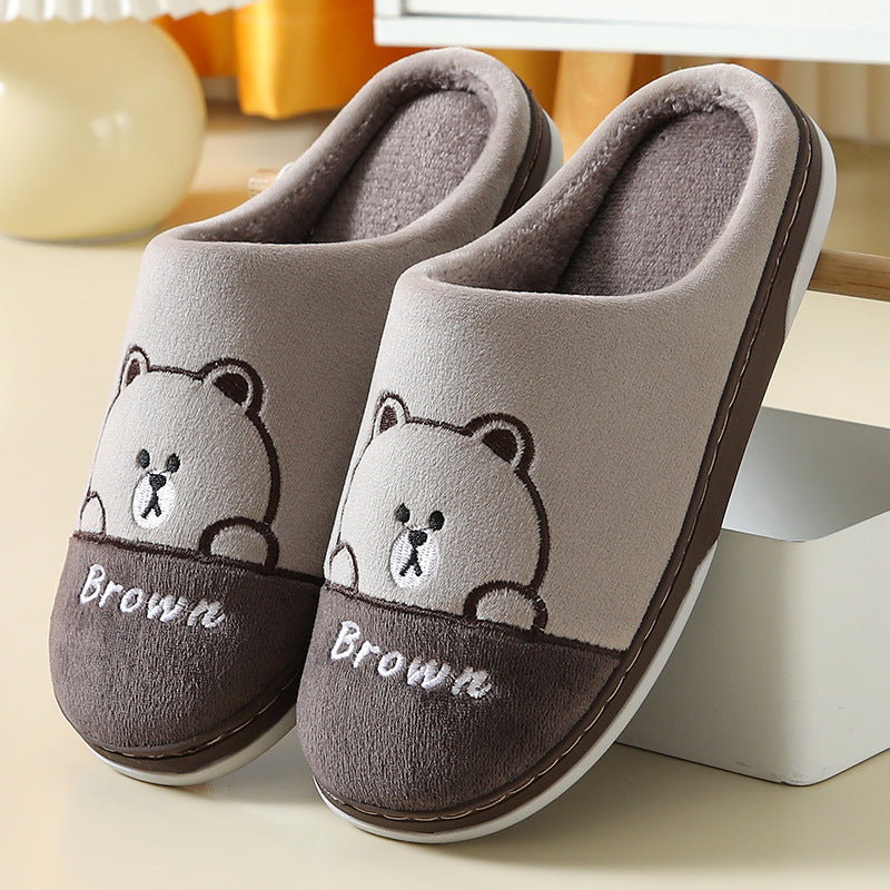 Cute Bears Slippers Warm Winter House Shoes For Women Couple Indoor Floor Bedroom Solid Color Non-slip Soft Plush Slippers - Fashioinista