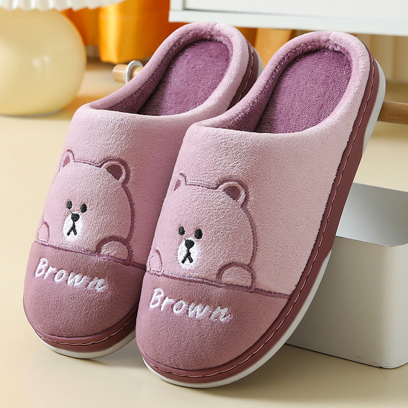 Cute Bears Slippers Warm Winter House Shoes For Women Couple Indoor Floor Bedroom Solid Color Non-slip Soft Plush Slippers - Fashioinista