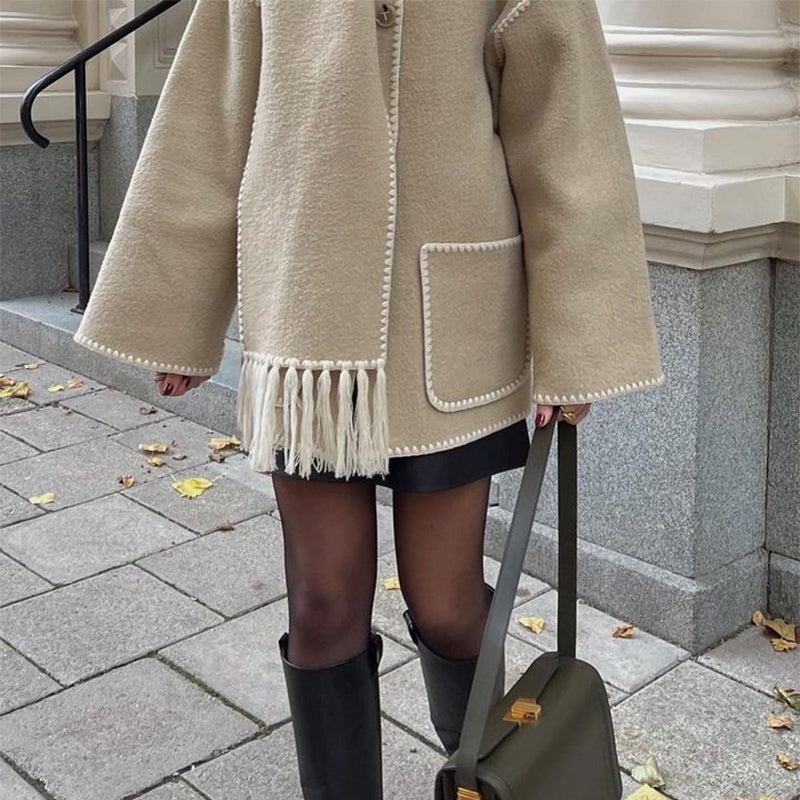 Women's Thickened Woolen Coat With Scarf Tassel Fashion Loose Jacket Autumn And Winter Casual Lady Office Streetwear - Fashioinista
