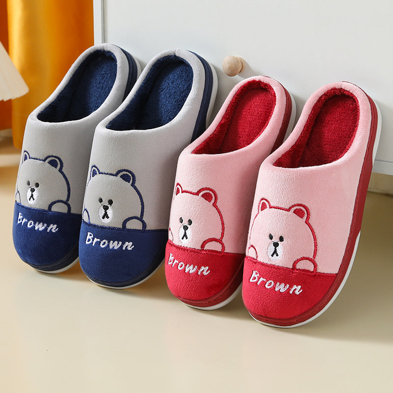 Cute Bears Slippers Warm Winter House Shoes For Women Couple Indoor Floor Bedroom Solid Color Non-slip Soft Plush Slippers - Fashioinista
