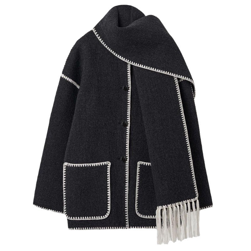 Women's Thickened Woolen Coat With Scarf Tassel Fashion Loose Jacket Autumn And Winter Casual Lady Office Streetwear - Fashioinista
