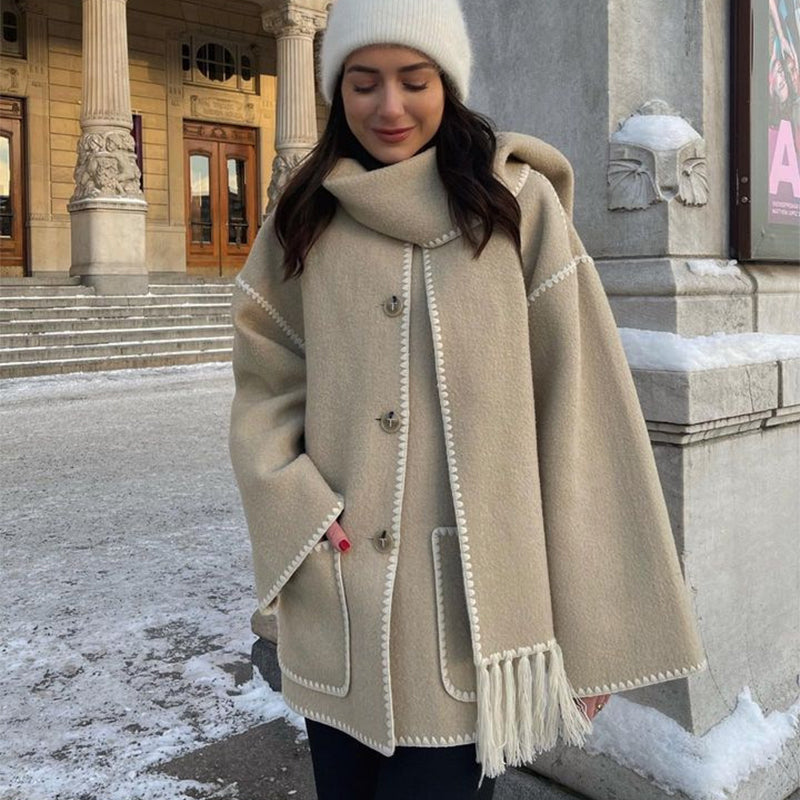 Women's Thickened Woolen Coat With Scarf Tassel Fashion Loose Jacket Autumn And Winter Casual Lady Office Streetwear - Fashioinista