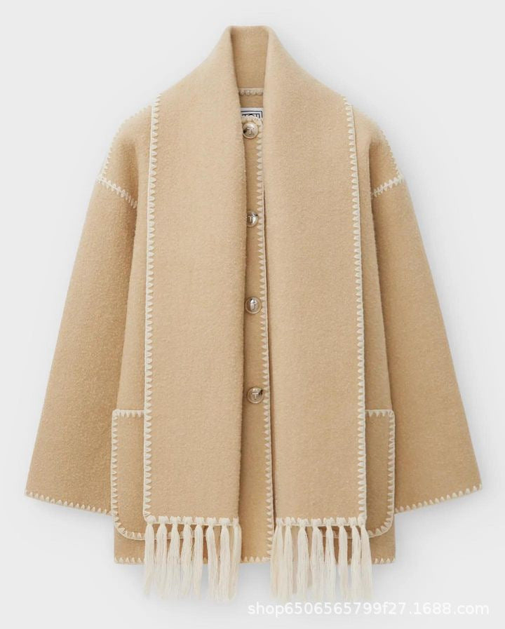Women's Thickened Woolen Coat With Scarf Tassel Fashion Loose Jacket Autumn And Winter Casual Lady Office Streetwear - Fashioinista