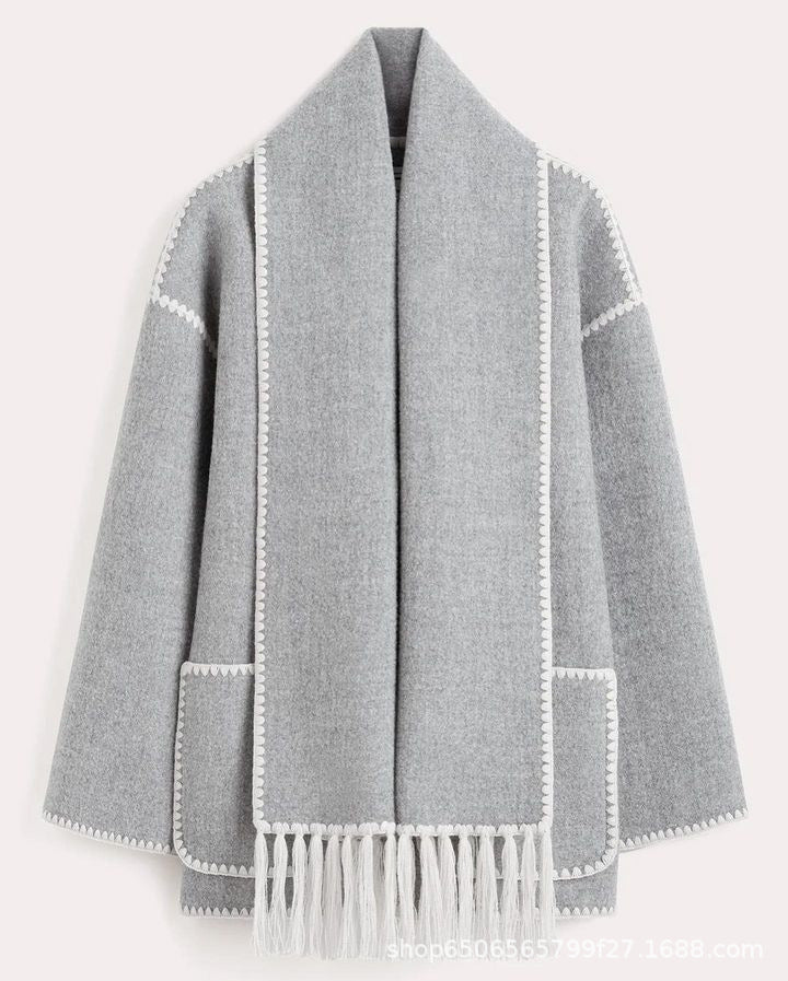 Women's Thickened Woolen Coat With Scarf Tassel Fashion Loose Jacket Autumn And Winter Casual Lady Office Streetwear - Fashioinista