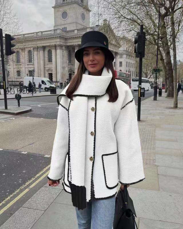 Women's Thickened Woolen Coat With Scarf Tassel Fashion Loose Jacket Autumn And Winter Casual Lady Office Streetwear - Fashioinista