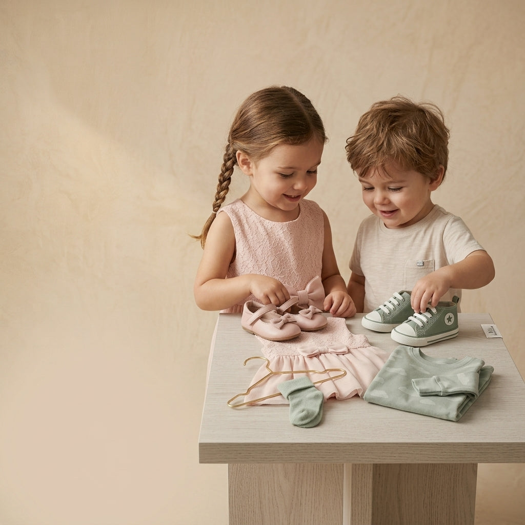 Two small children folding baby clothes together at a low table