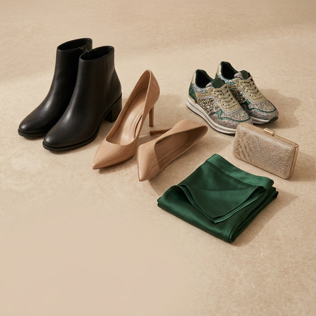 Black ankle boots, nude heels and green sneakers arranged with a knit and a clutch