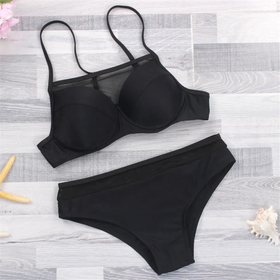 Mesh halter push up bikini set two piece swimsuit - view 3