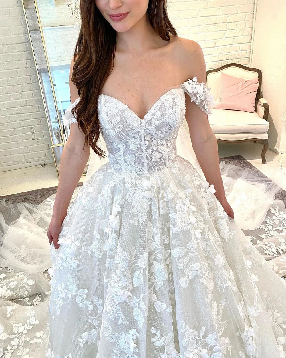 Boho off the shoulder wedding dress with lace appliques and long train - view 2