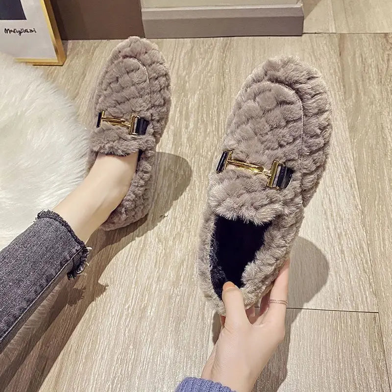 Lefu Shoes Plush Shoes Women Wear 2021 New Plush Warm Chain Anti-skid Flat Bottom Net Red Home Cotton Shoes In Autumn and Winter - Fashioinista