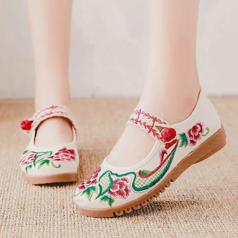 Embroidered Canvas Mary Janes - mary jane flats in beige