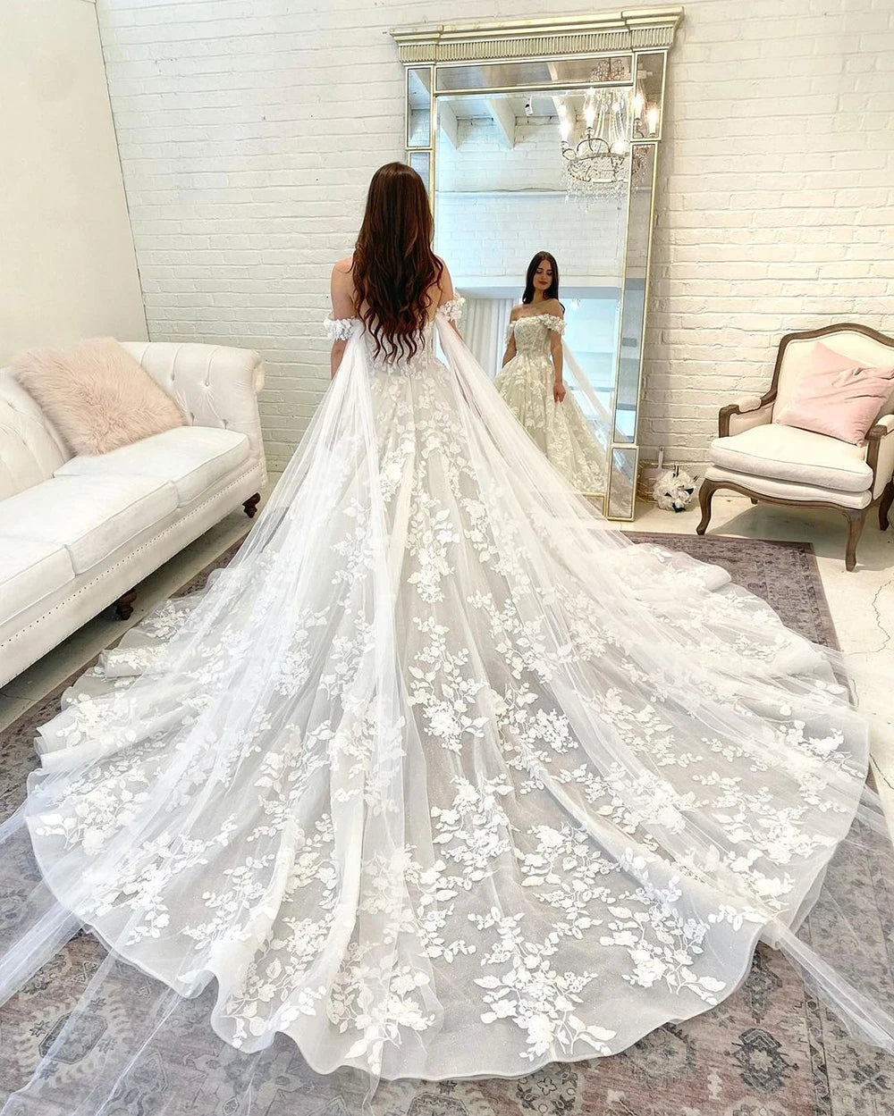 Boho off the shoulder wedding dress with lace appliques and long train - view 1