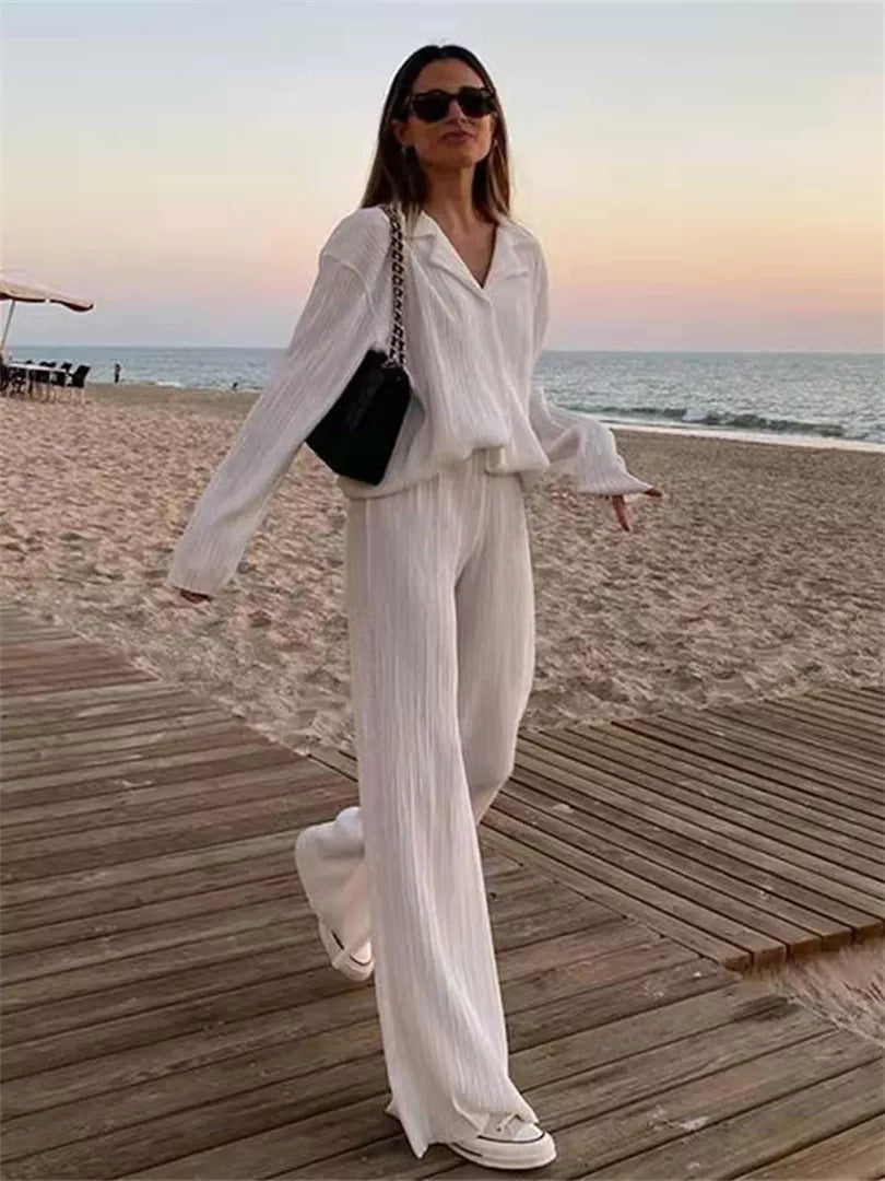wsevypo Women Pleated 2 Piece Pants Sets Spring Summer Streetwear Long Sleeve Button Down Shirt+Straight-Leg Pants Loose Outfits - Fashioinista