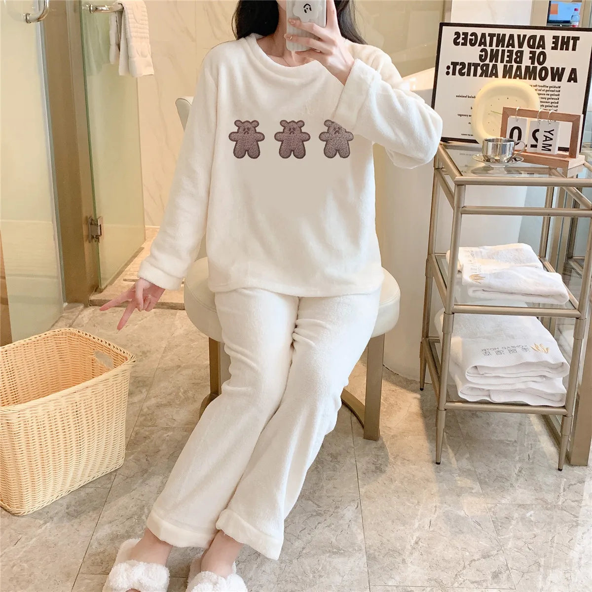 Flannel Pajama Set Women - flannel pajama set in beige - view 1