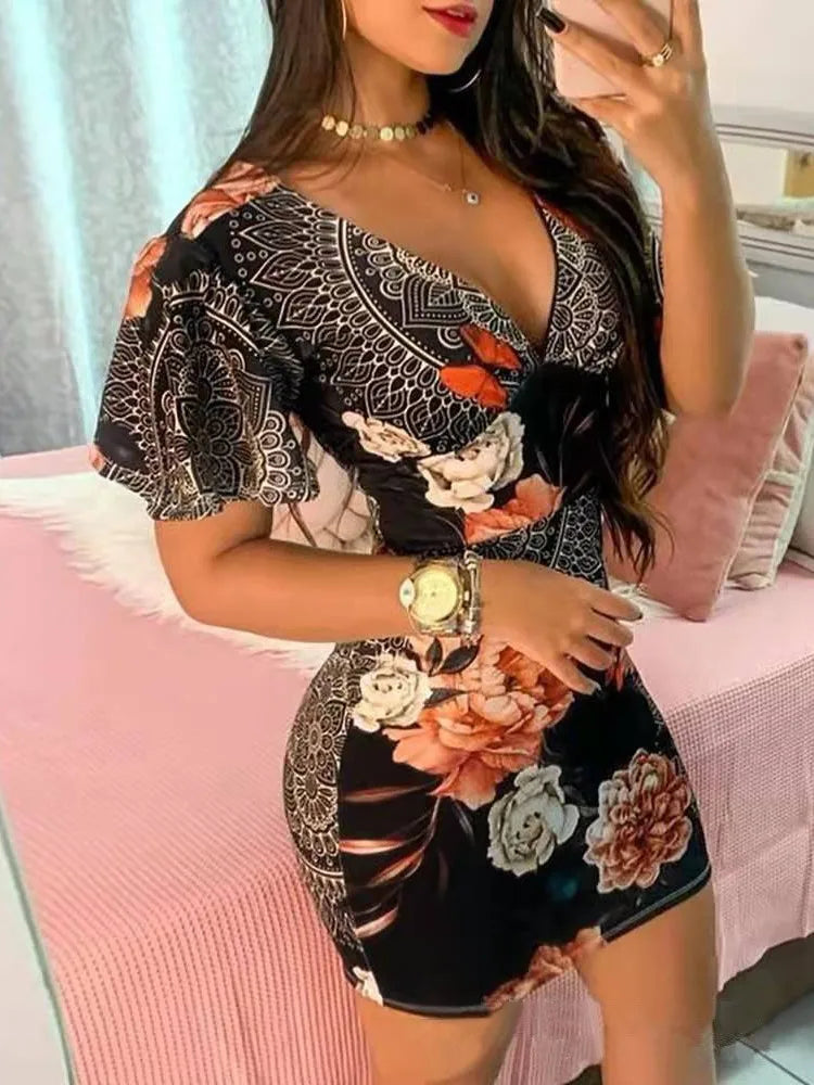 Summer Elegant Floral Print Bodycon Mini Dress Women 2024 Fashion Sexy Deep V-neck Package Hip Dresess Office Lady Party Dress - Fashioinista