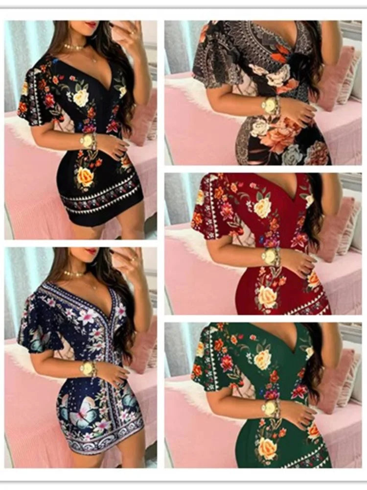 Summer Elegant Floral Print Bodycon Mini Dress Women 2024 Fashion Sexy Deep V-neck Package Hip Dresess Office Lady Party Dress - Fashioinista