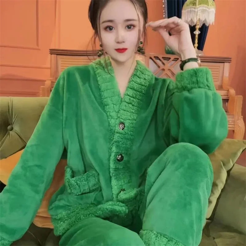 Coral Velvet Pajama Set - fleece pajama set in green - view 2