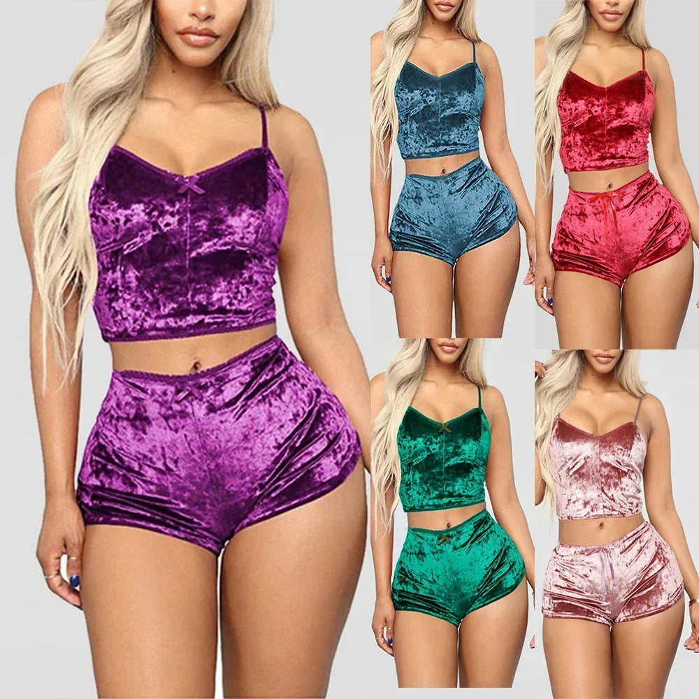 Women's Velvet Polyester Comfortable V-neck Underwear Setcamisole+shorts Pajamas Set Home Clothes Sleeveless Top Shorts - Fashioinista