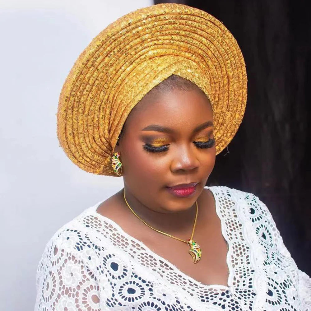 NEW Sequins Turban Cap for Women Ready to Wear African Auto Gele Headtie Nigeria Wedding Geles Female Head Wraps Lady Headpiece - Fashioinista