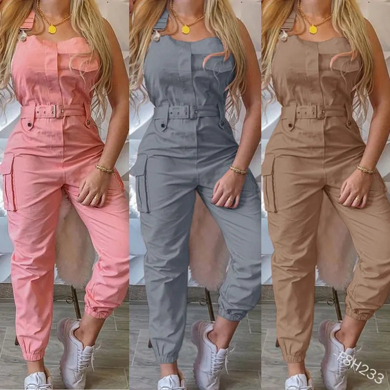 Women's Clothes Female Fashion Sleeveless Cargo Jumpsuit High Waist Street Trend Women Simple Long Jumpsuits - Fashioinista