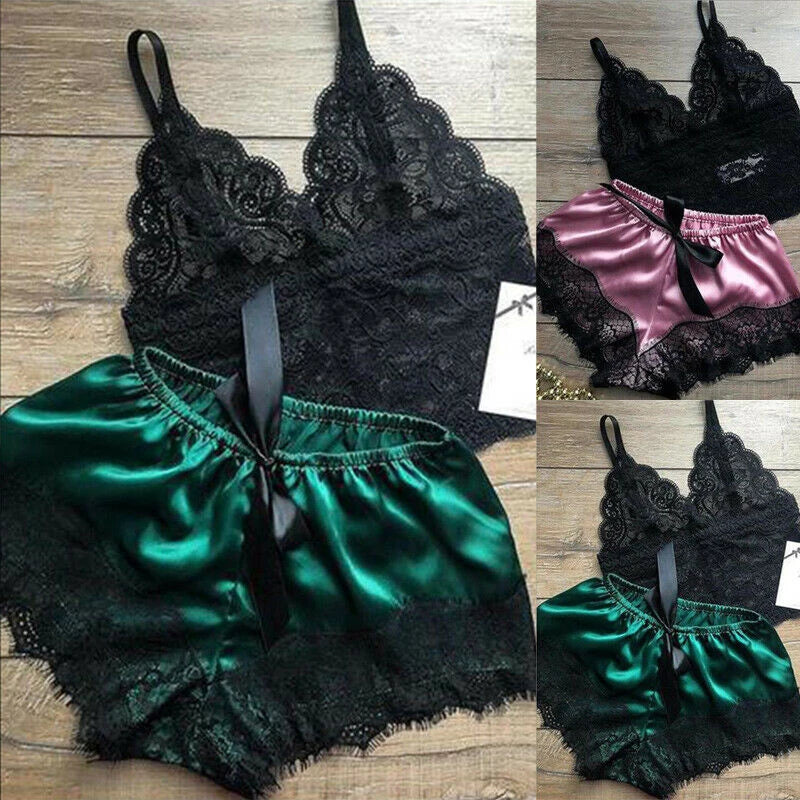 Two piece lace babydoll cami top and shorts sleep set - view 1