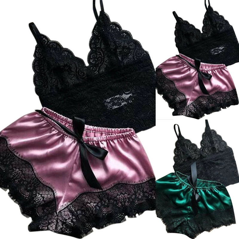 Two piece lace babydoll cami top and shorts sleep set - view 4