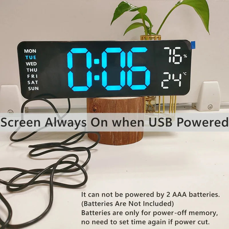 9 inch digital LED wall clock showing time temperature and humidity - view 2
