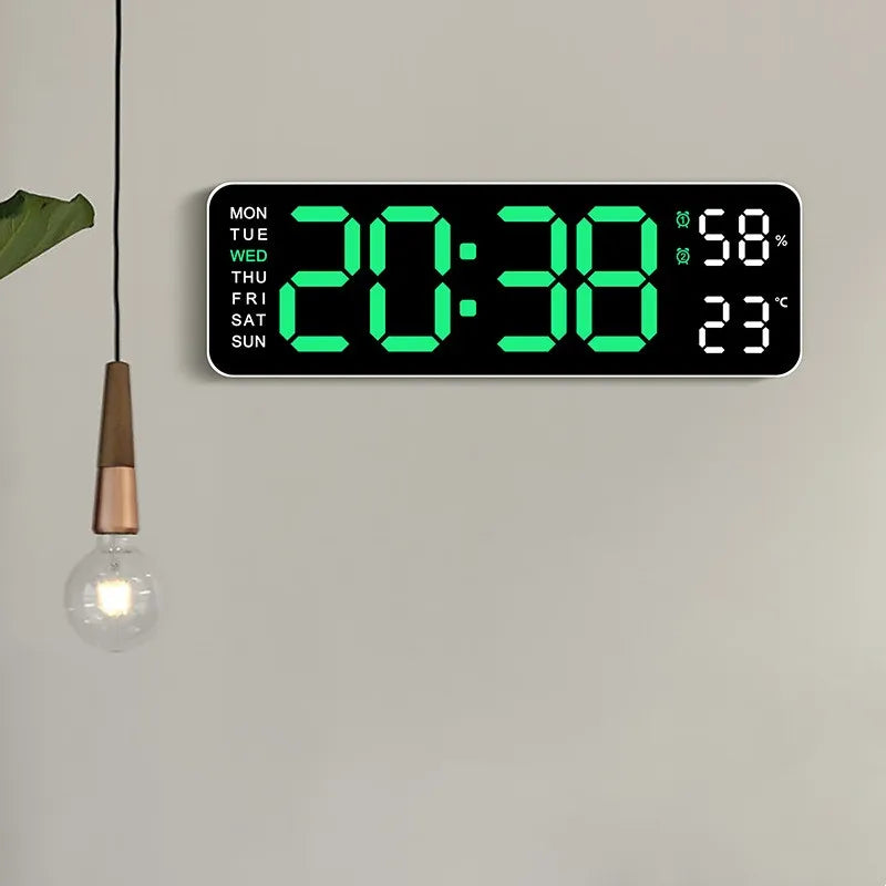 9 inch digital LED wall clock showing time temperature and humidity - view 1