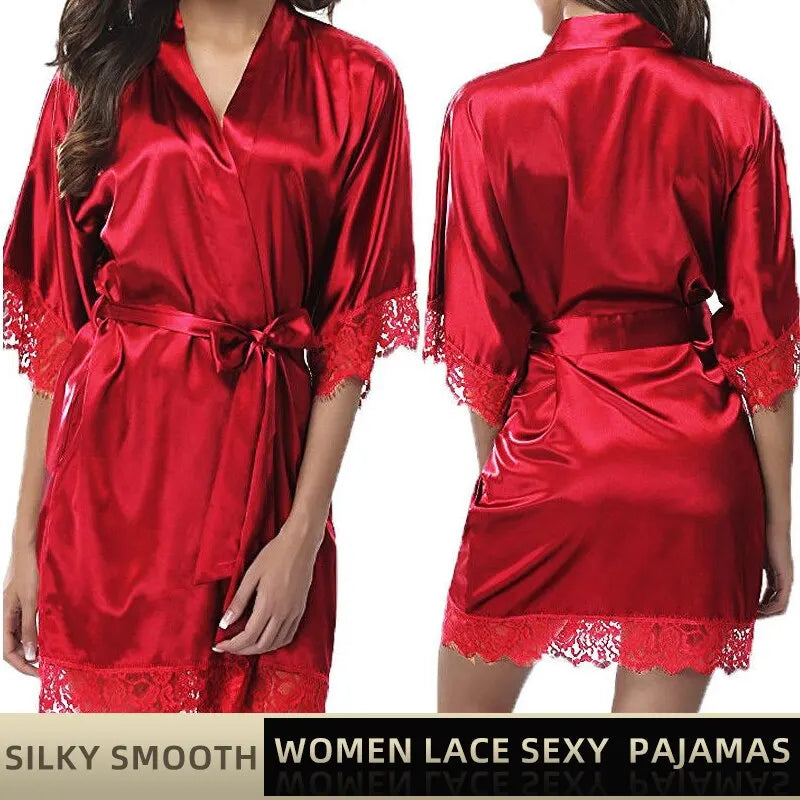Women Ice Silk Pajamas Robes Sleepwear Nightgowns Nightdress Red Black L XL Lace Smooth Soft Comfortable Casual Pure Color - Fashioinista