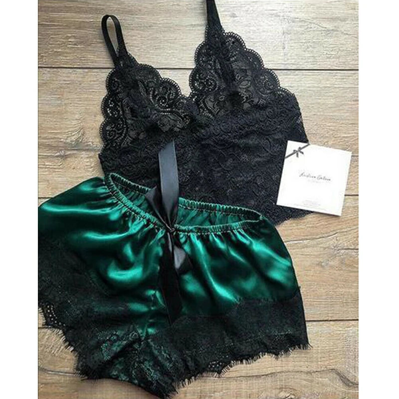 Two piece lace babydoll cami top and shorts sleep set - view 8