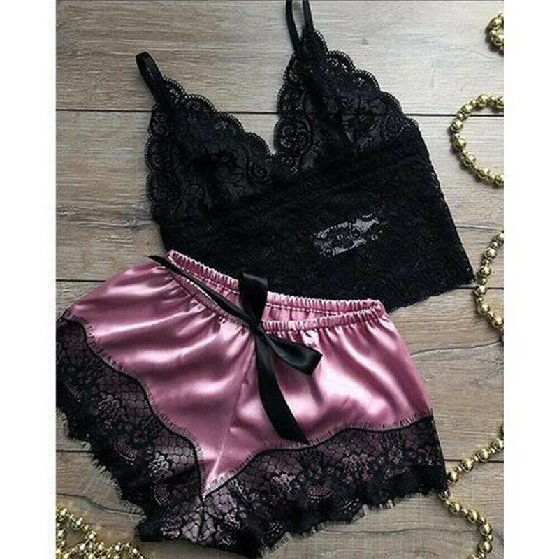 Two piece lace babydoll cami top and shorts sleep set - view 7