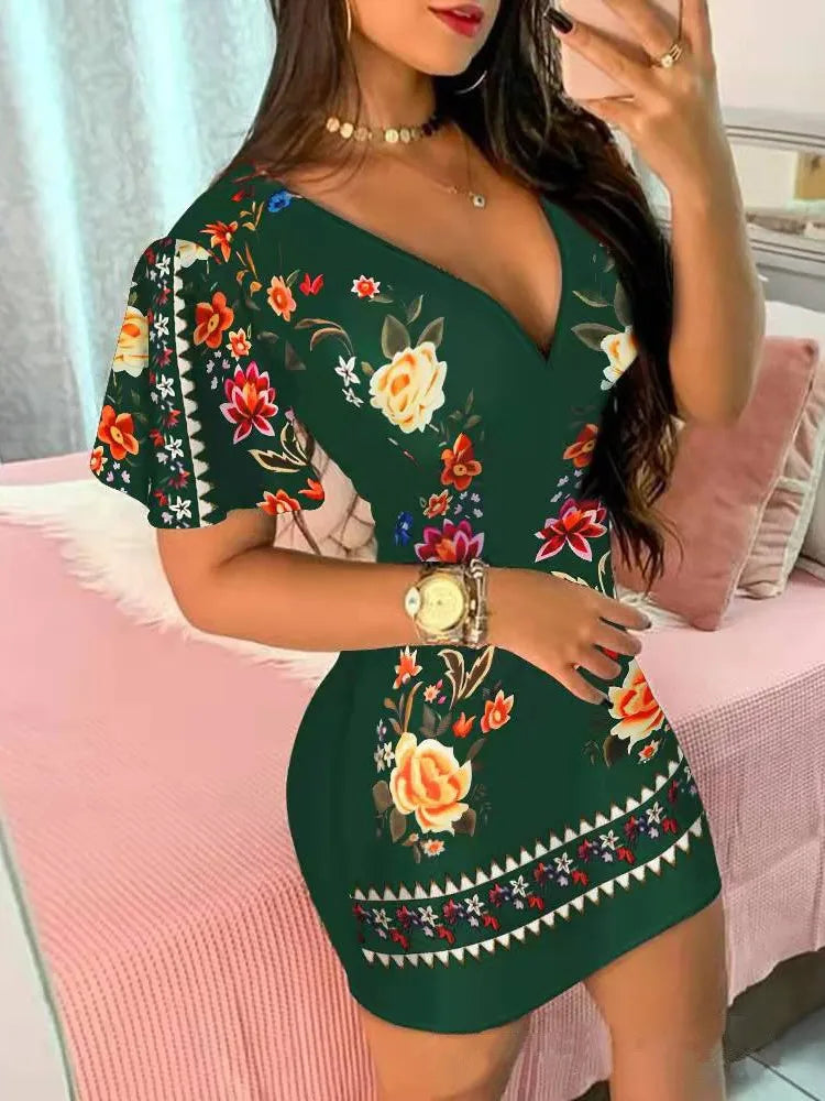 Summer Elegant Floral Print Bodycon Mini Dress Women 2024 Fashion Sexy Deep V-neck Package Hip Dresess Office Lady Party Dress - Fashioinista