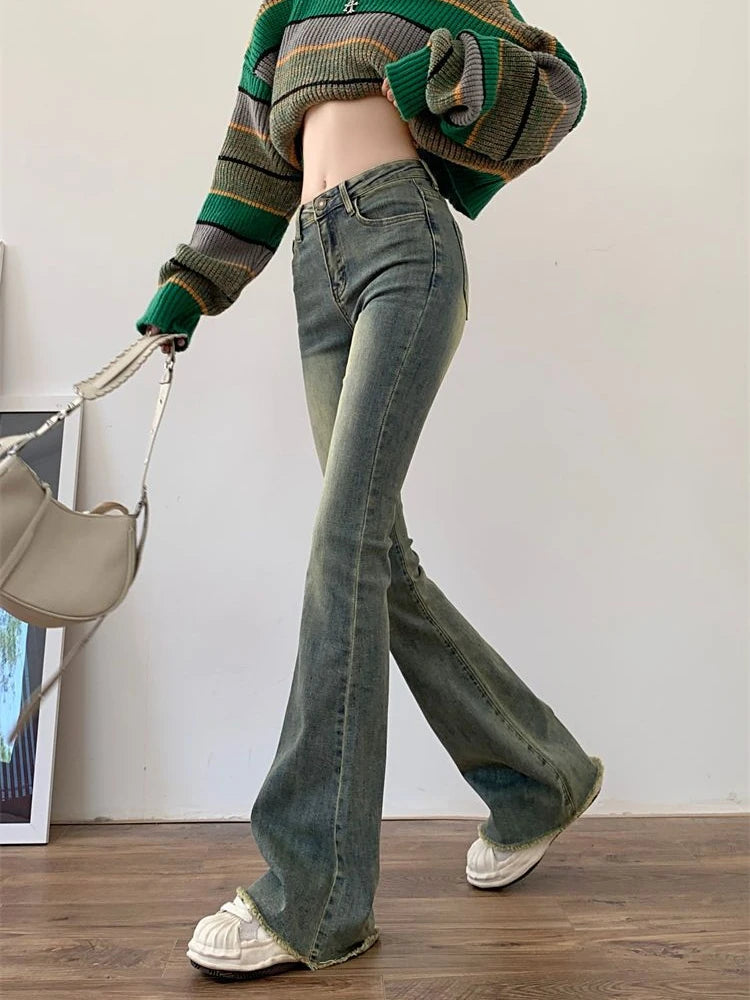 Flare Jeans Women Skinny High Waist Aesthetic Y2k Clothes Denim Trousers Vintage Washed Retro Mopping Korean Fashion Street New - Fashioinista
