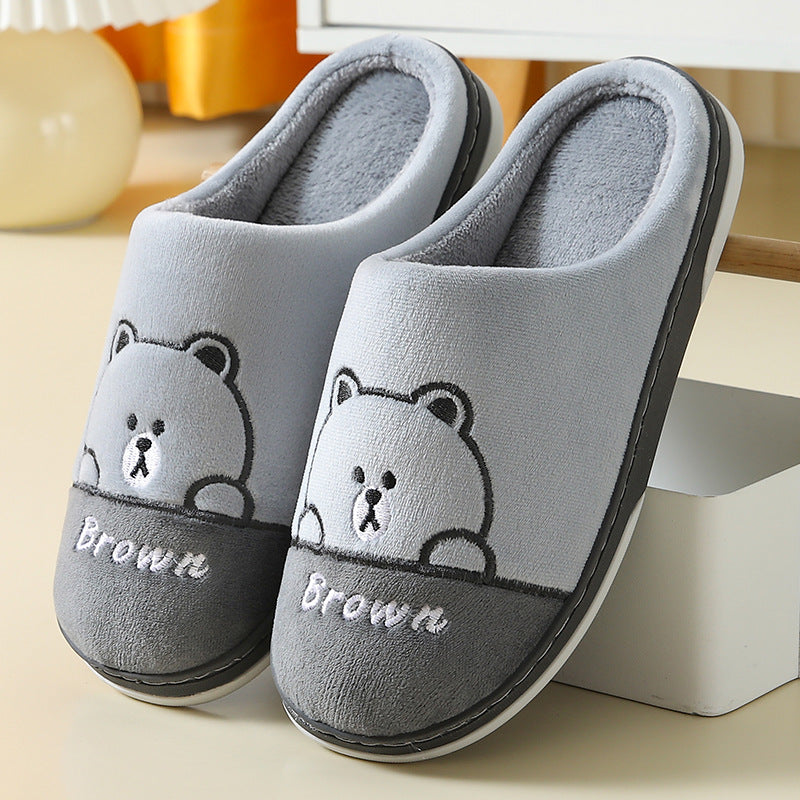 Cute Bears Slippers Warm Winter House Shoes For Women Couple Indoor Floor Bedroom Solid Color Non-slip Soft Plush Slippers - Fashioinista