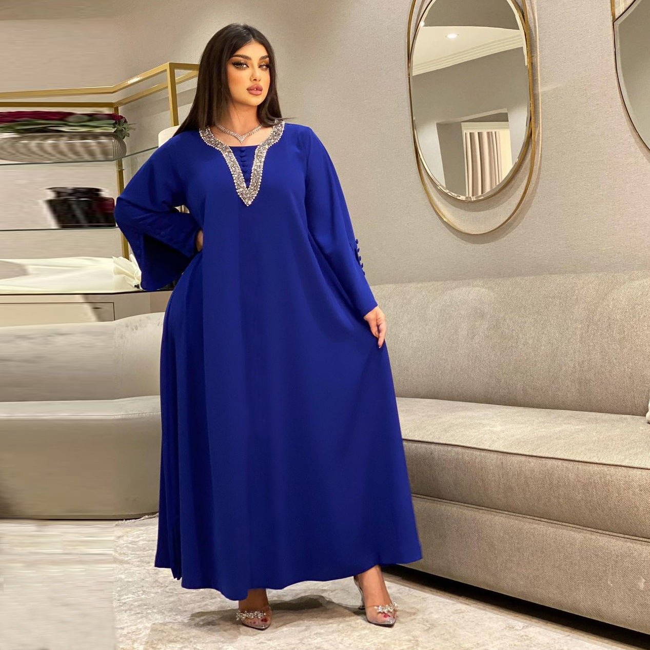 Women's Fashion Plus Size Women Handmade Beaded Rhinestone Dress - Fashioinista