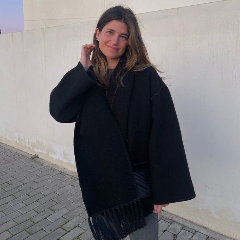 Women's Thickened Woolen Coat With Scarf Tassel Fashion Loose Jacket Autumn And Winter Casual Lady Office Streetwear - Fashioinista