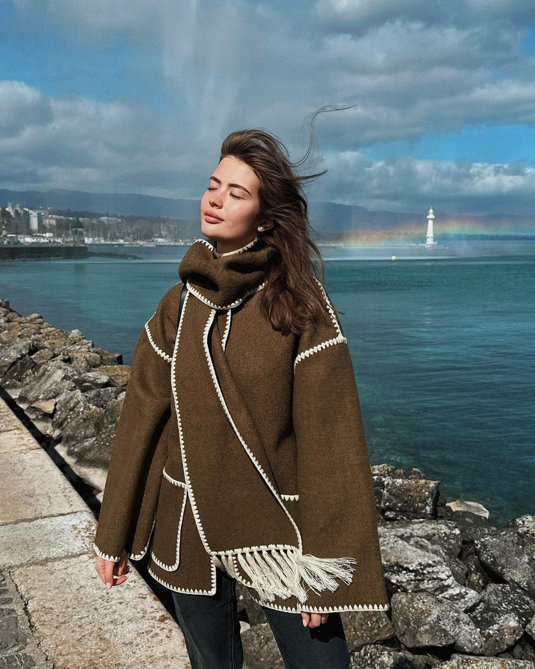 Women's Thickened Woolen Coat With Scarf Tassel Fashion Loose Jacket Autumn And Winter Casual Lady Office Streetwear - Fashioinista