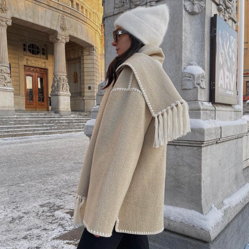 Women's Thickened Woolen Coat With Scarf Tassel Fashion Loose Jacket Autumn And Winter Casual Lady Office Streetwear - Fashioinista