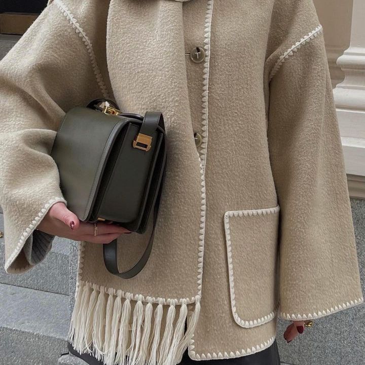 Women's Thickened Woolen Coat With Scarf Tassel Fashion Loose Jacket Autumn And Winter Casual Lady Office Streetwear - Fashioinista