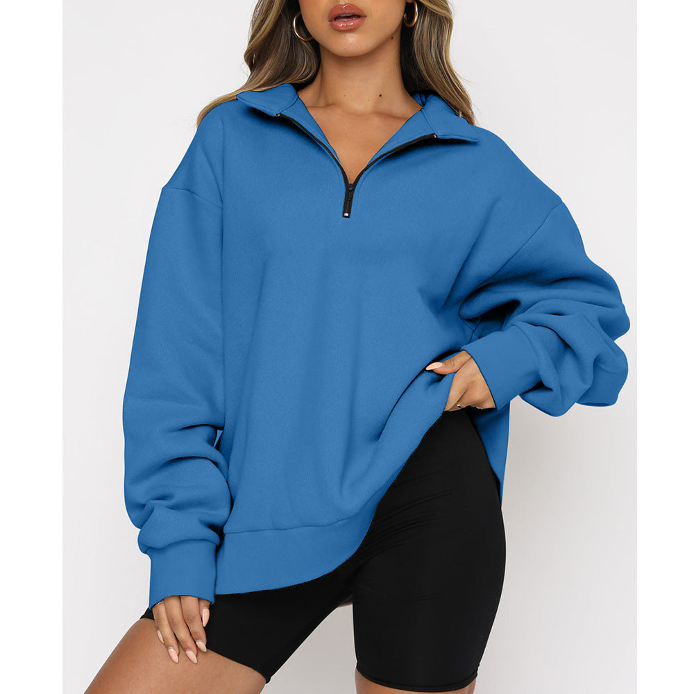 Women Sweatshirts Zip Turndown Collar Loose Casual Tops Clothes - Fashioinista