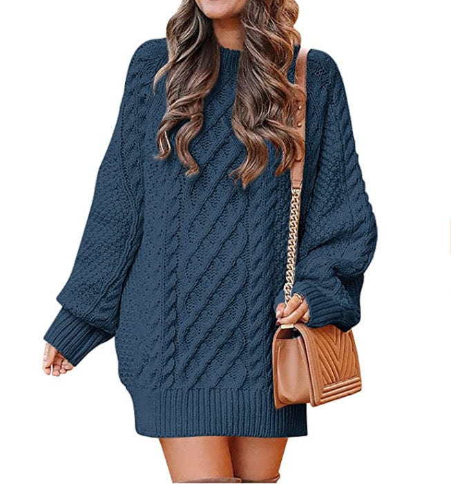 Women's Round Neck Long Sleeve Twisted Knitted Mid-length Dress Sweater - Fashioinista