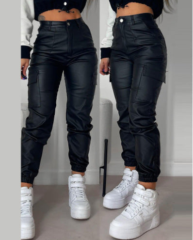 Zipper Pleated PU Casual Patch Pocket Skinny Pencil Trousers - Fashioinista