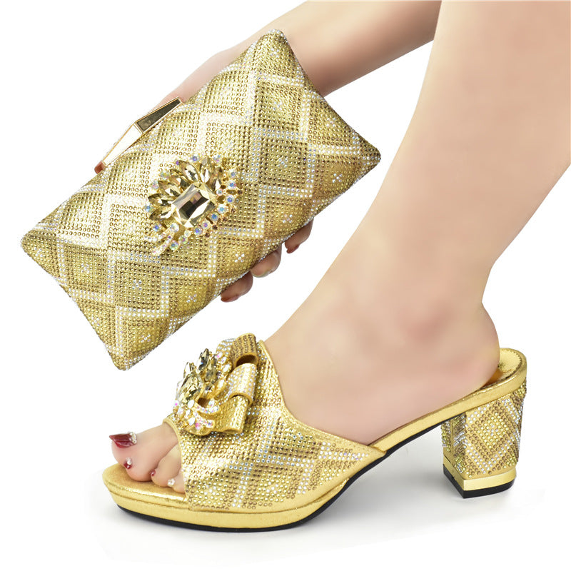 European And American Shoes And Bags Set Solid Color Rhinestone Sandals With Clutch - Fashioinista