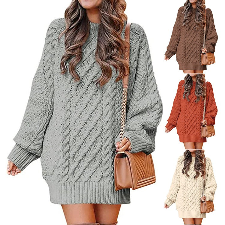 Women's Round Neck Long Sleeve Twisted Knitted Mid-length Dress Sweater - Fashioinista