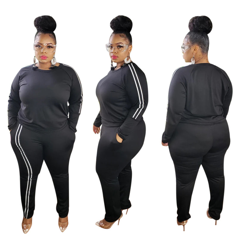 Plus Size Women Side Stripe Two Piece Set - Fashioinista