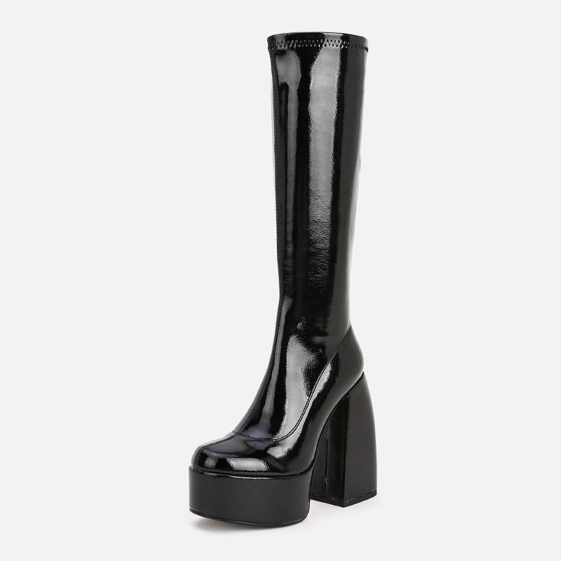 Tall Chunky Heel Round Toe Platform Stretch Boots Above Knee - Fashioinista