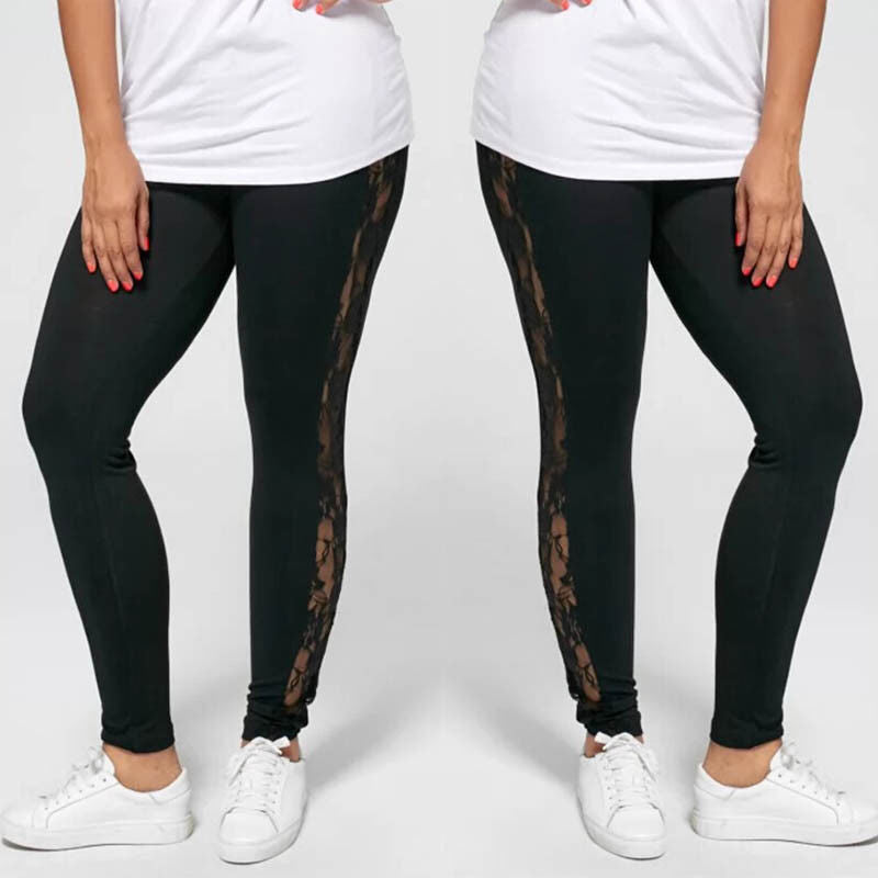 Plus Size Sexy Women Holllow Out Lace Leggings - Fashioinista