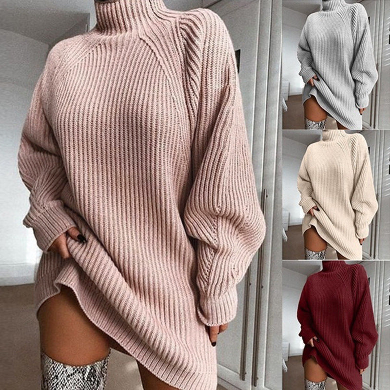 Solid Turtleneck Long Sweater Winter Warm Women Sweater Dress - Fashioinista