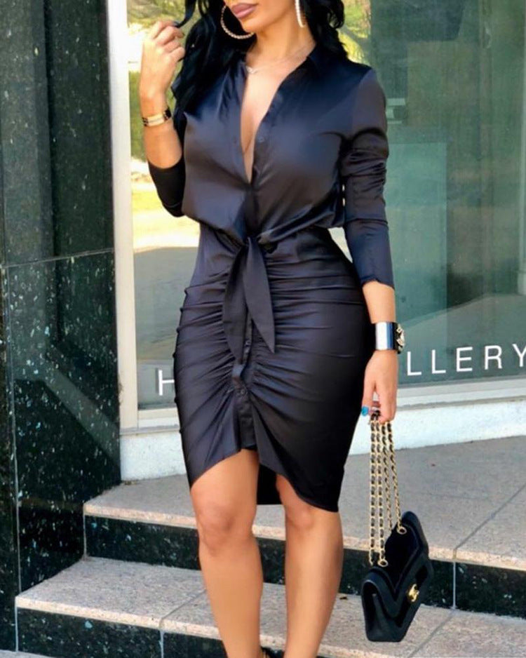 Women Lace-up Solid Color Long Sleeve Midi Dress Shirt Dress Elegant Fashion Party Dress - Fashioinista